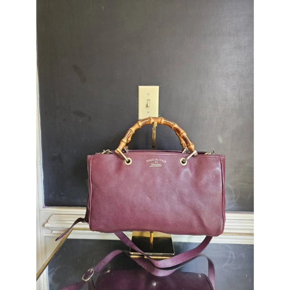Authentic Gucci Bamboo Shopper Leather Satchel Bag Burgundy